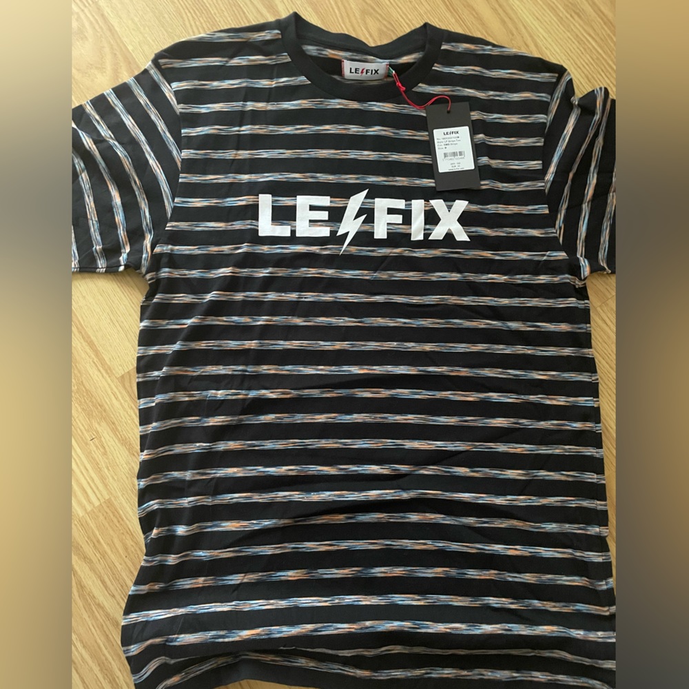 NWT- LE FIX mens space dyed stripe jersey crew neck tee.